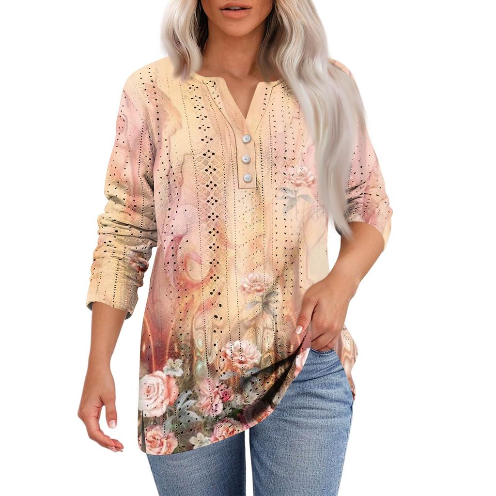 Women's T Shirt Tee Print Button 3/4 SleeveDaily Weekend Fashion Basic V- Neck Regular Top