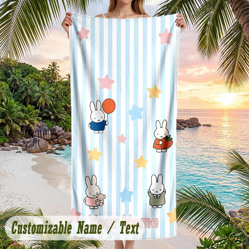 Miffy Beach Towel, Personalized Custom Text, Quick Dry Soft Large Towel For Swimming Pool Travel