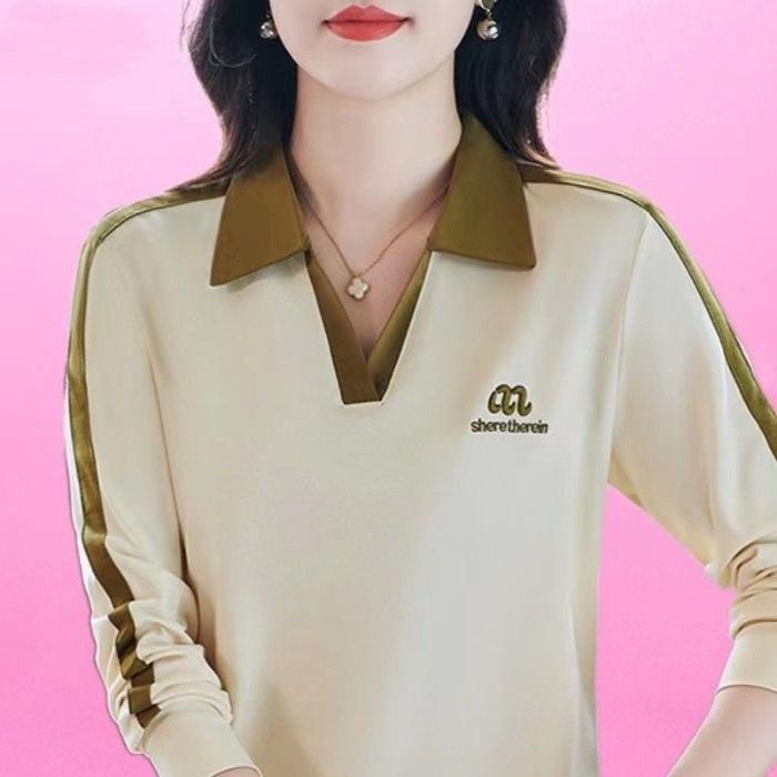 

Футболка с длинным рукавом для женской моды Весенне-осенний новый топ Базовая рубашка Среднего возраста Материнский лацкан Приталенная рубашка поло 4XL