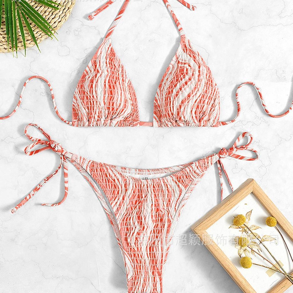 European And American Ocean Wind Ins Popular Sexy Triangle Bag Cable Print Halter Beach Bikini