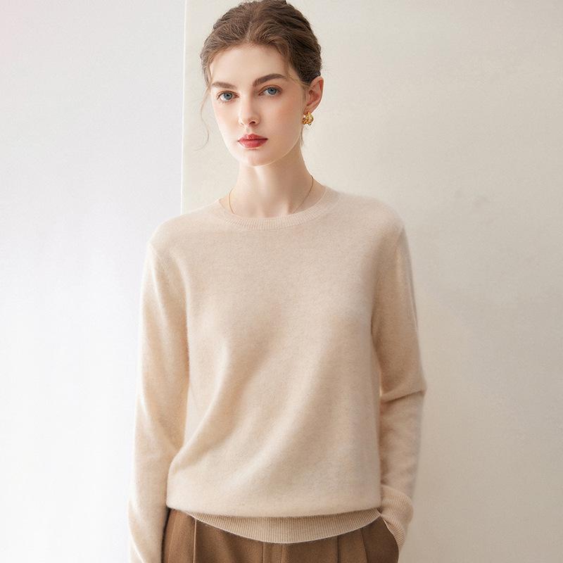 Women's 100% Cashmere Knit Round Neck Loose Sweater - Autumn/Winter Long Sleeve Base Layer Top