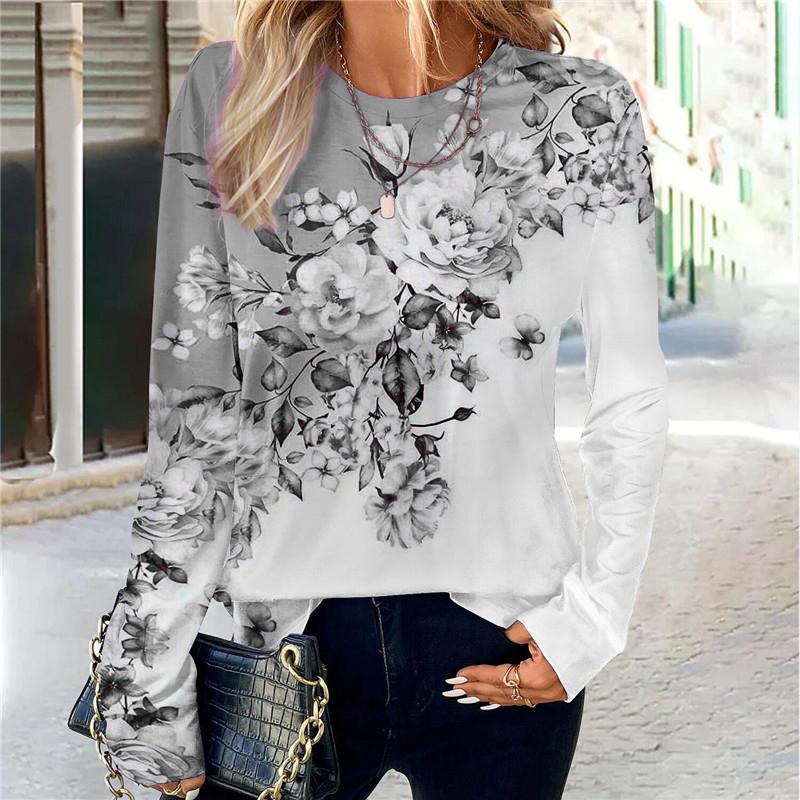 Floral Pattern Women Fashion Trend T-Shirts Spring Autumn Long Sleeve 3D Print Flower Street Ladies Tee 3XL Big Size Casual Tops