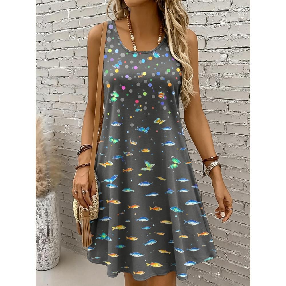 Women's Round Neck Sleeveless Tropical Parrot Print Casual Fun Tank Dresses for Spring Summer