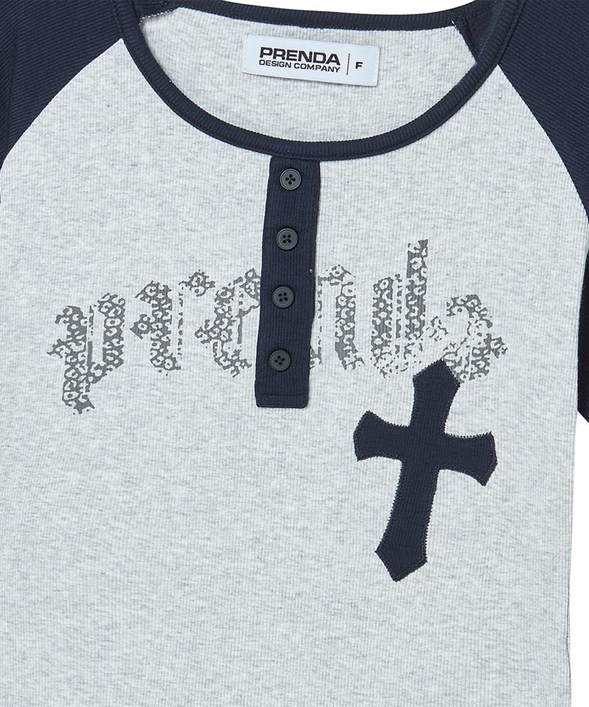 PRENDA Cross Applique Raglan Short Sleeve Gray