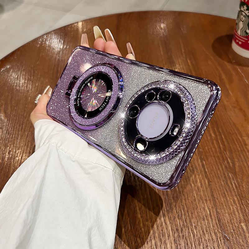 Magnetic Glitter Stand Is Suitable for Huawei Mate60pro Phone Cases with Water Diamond Edge Gradient P70 and P60 Couple
