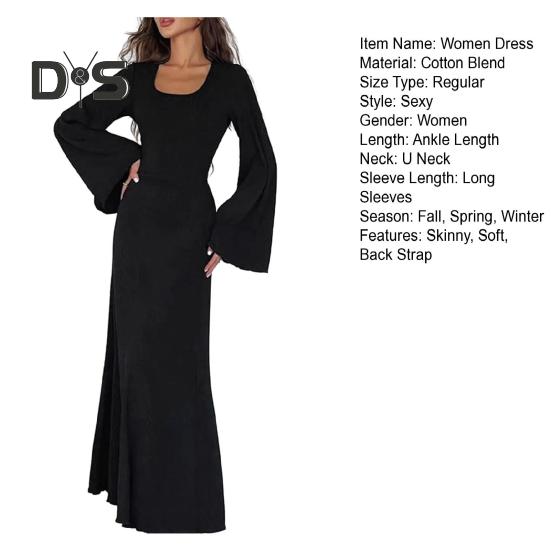 Women Dress U Neck Long Sleeve A Line Slim Fit Skinny Elastic Long Horn Sleeve Back Strap Lace Up Ankle Length Solid Color Maxi Dress