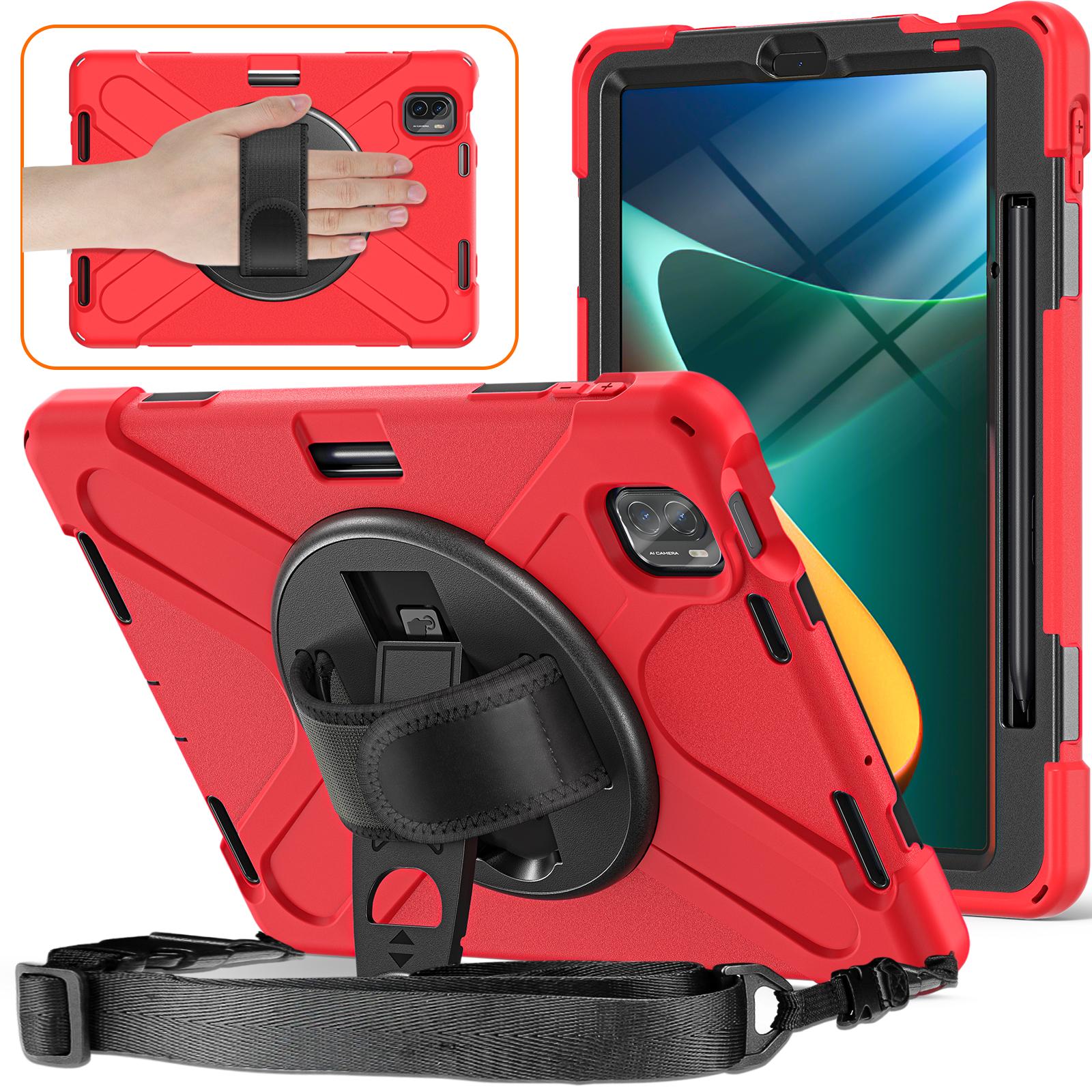 

For Xiaomi Pad 5 Case Hand Strap Kickstand PC+Silicone Tablet Cover with Shoulder Strap Red