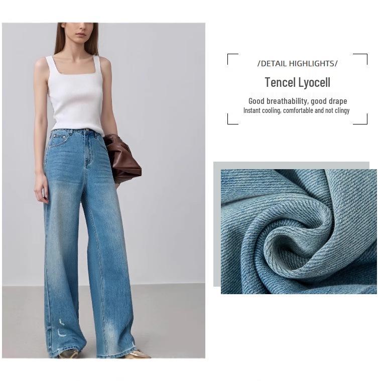 Aurorafeng Women s Blue Tencel High-Waisted Wide-Leg Jeans (2025 Summer), Non-Stretch, Ripped Straight-Leg Long Pants S