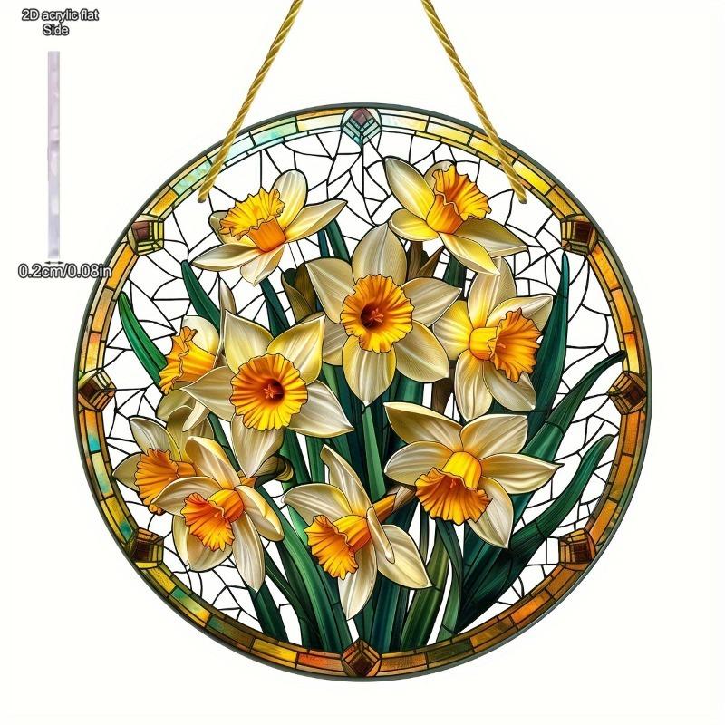 2D Flat Acrylic Garden Round Wall Hanging Decoration Sign, Daffodil Spring Sun Catcher, Nurseries, Vintage Home Decor Wall for Bar Kitchen