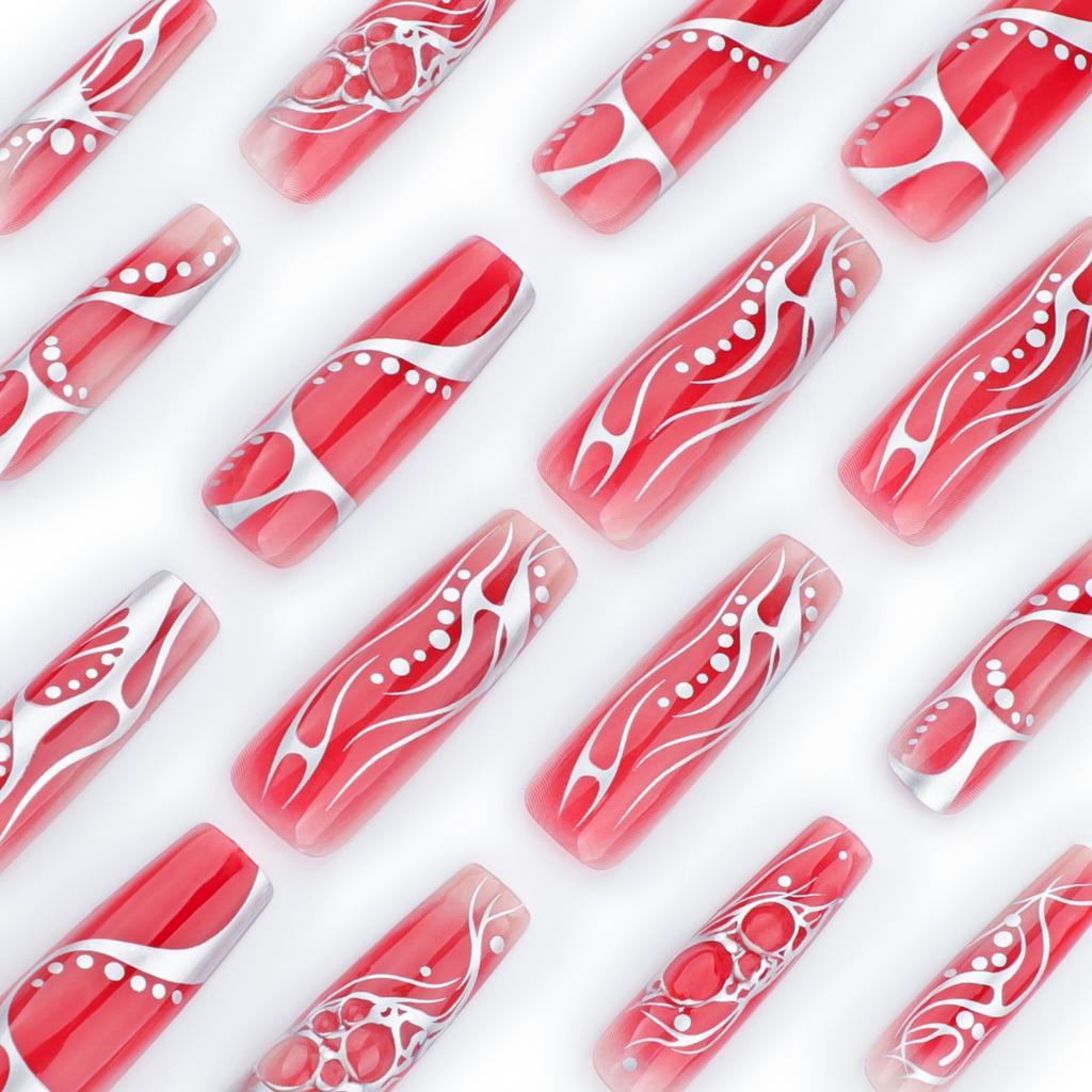 New manicure wearing red smudged silver abstract striped manicure rectangular long fake nail piece