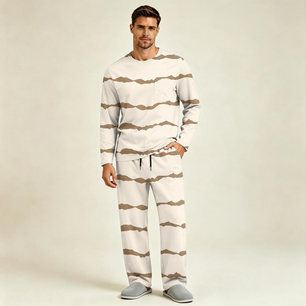 Men's Pajama Set Long Sleeve Top and Long Pants with Button Crotch and Elastic Drawstring Waist for Home Loungewear