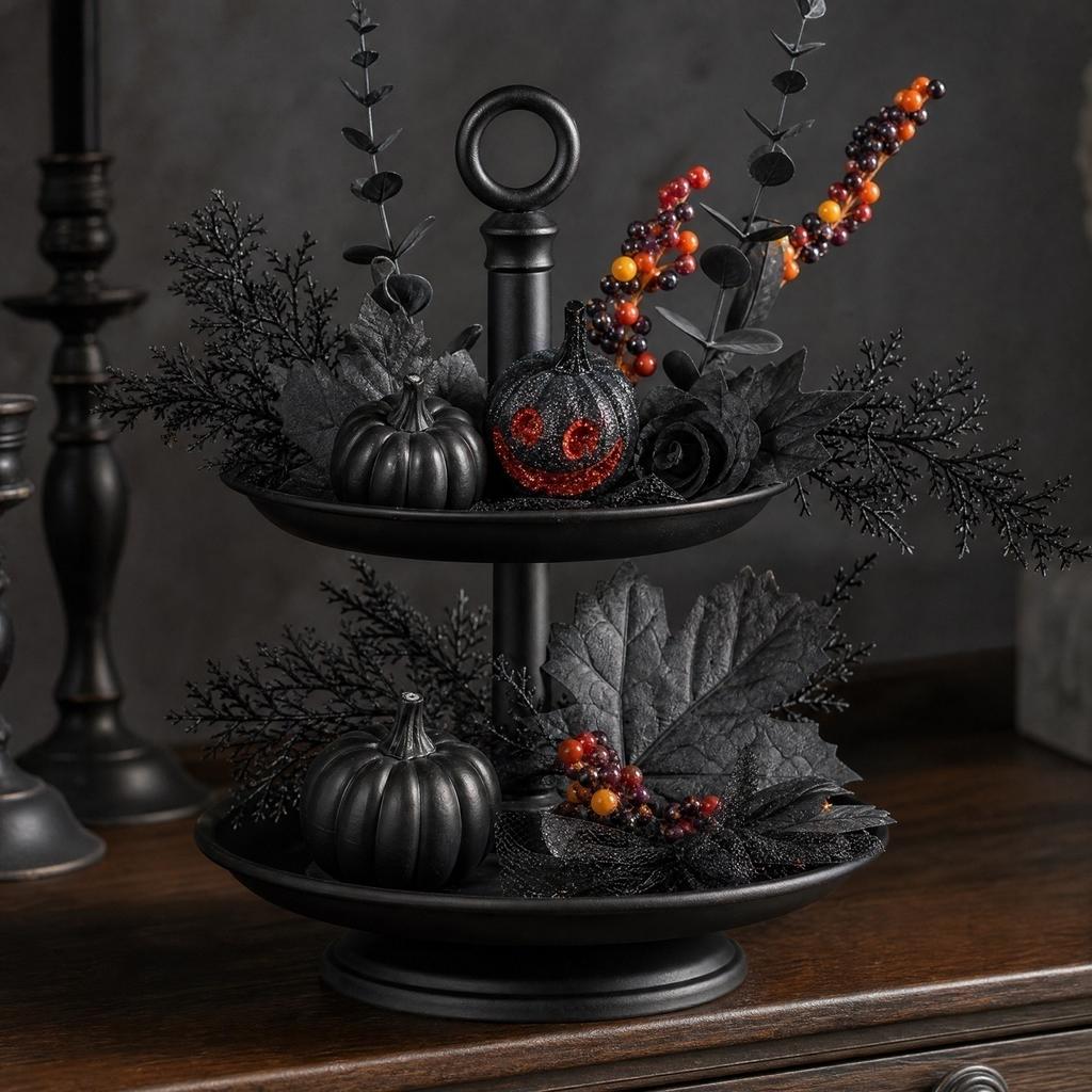 Halloween Black Pumpkin Stems with Decor for Party Table Centerpiece