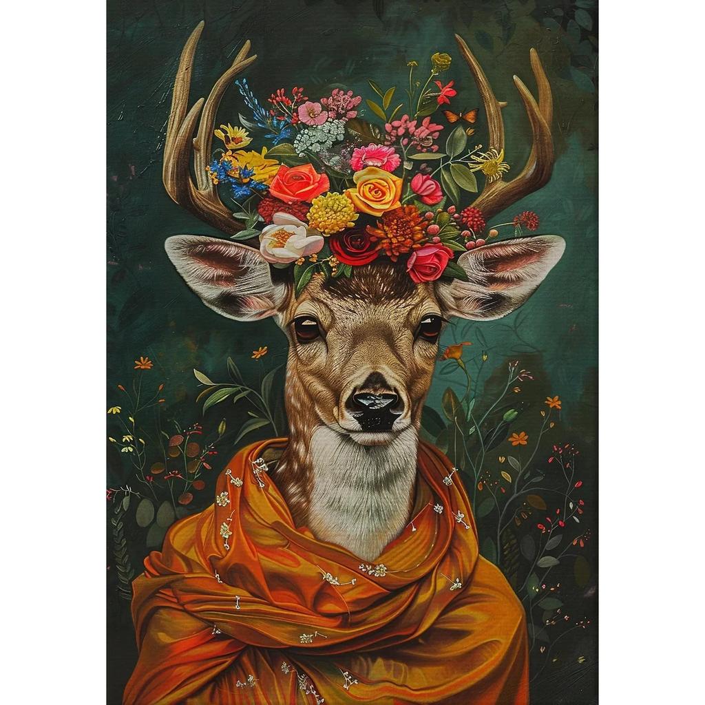 Vintage Maximalist Floral Wild Animal Canvas Painting Lion Owl Peacock Wolf Flower Poster Print Wall Art Picture Home Decor