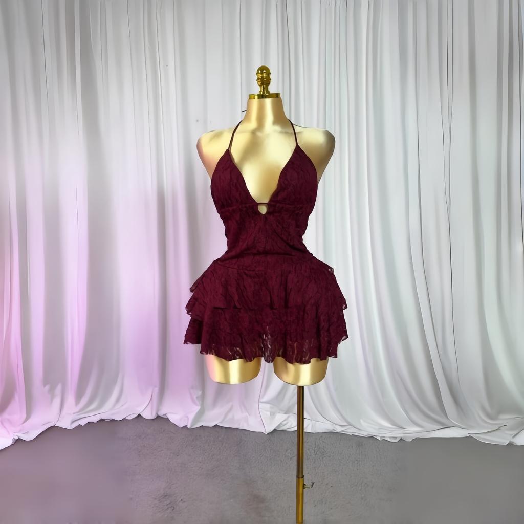 Estivo europeo, americano, africano, con bretelle, in pizzo, scollo a V, corto, aderente ai fianchi, sexy, senza schiena, vestito piccante