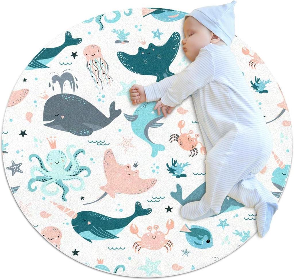 Cute Sea Animal Print Round Rug Blue Pink Whale Octopus for Baby Play Area