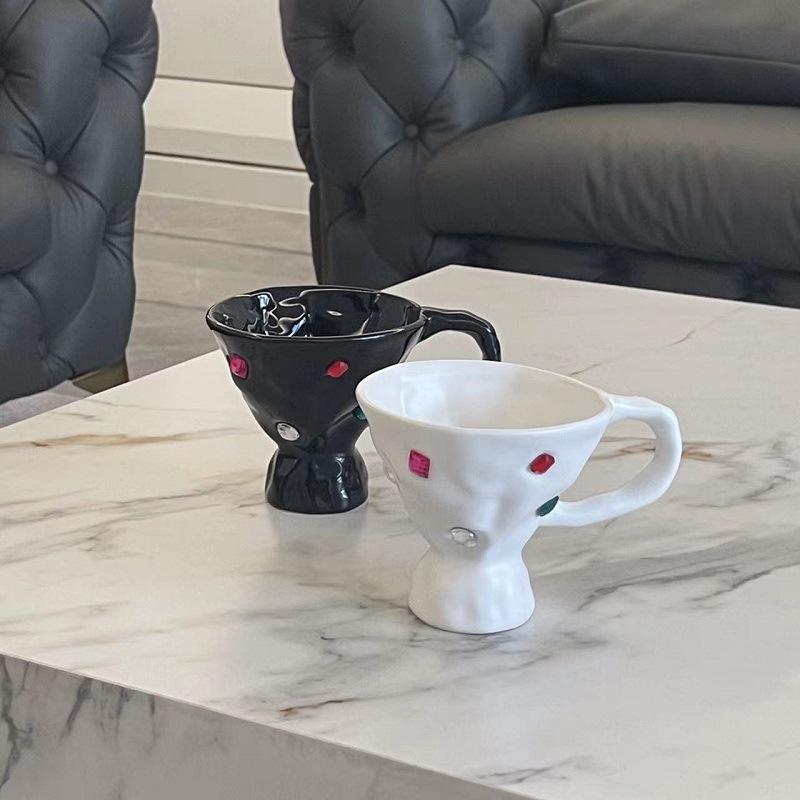 Dışında Taşlı Seramik Kahve Kupaları Çay Fincanları Latte Süt Ev Dekorasyonu İçecek Fincanları Hediye Kahvaltı El Yapımı Düzensiz Kupa