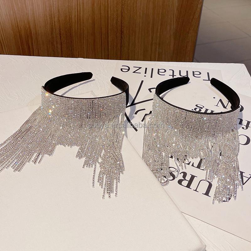 Luxury Long Chain Crystal Hairband Women Hair Accessories Baroque Full Diamond Hair Hoop Sponge Make up Rhinestone Headband