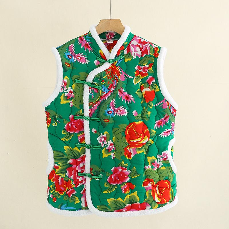 Damska pikowana kamizelka bawełniana z kwiatowym wzorem i guzikami w kształcie żabki - Ciepła bezrękawnikowa odzież wierzchnia na jesień/zimę