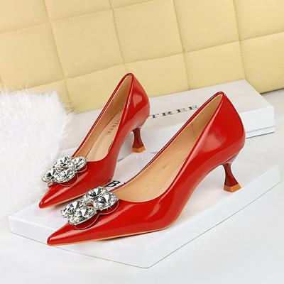 1961-K59 European and American Fashion Banquet High Heels Thin Heel Shallow Mouth Patent Leather Rhinestone Pointed High Heel Single Shoes Women's Sho