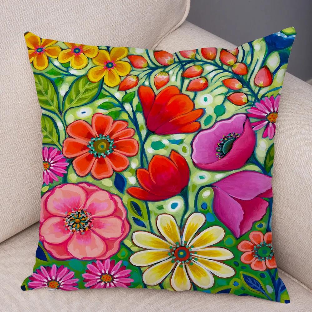 Nordic Watercolor Flower Pillowcase Soft Plush Decor Cartoon Floral Plant Cushion Cover for Sofa Home Children Room Pillow Case