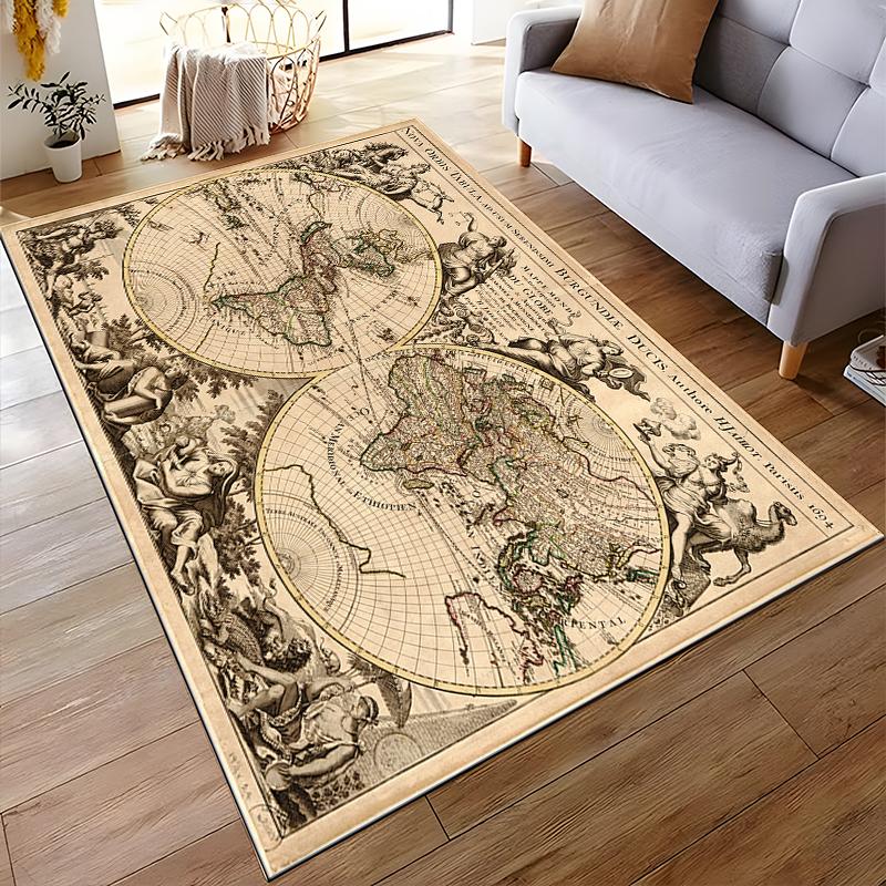 Vintage World Map with Mythological Figures - Non-slip rug suitable for living room and bedroom sofas.