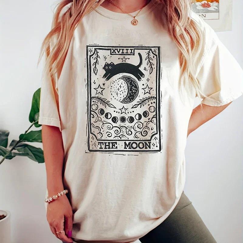 Cat&Moon Printed T-shirt Cotton Casual Round Neck Short Sleeve Tops Summer Kawaii Women's White Pattern Women's T-Shirt Tops