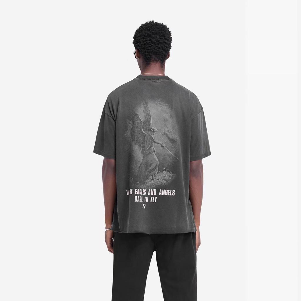 REPRESENT REP Letter Angel Print Vintage Washed Distressed Loose Short Sleeve T-Shirt for Men and Women