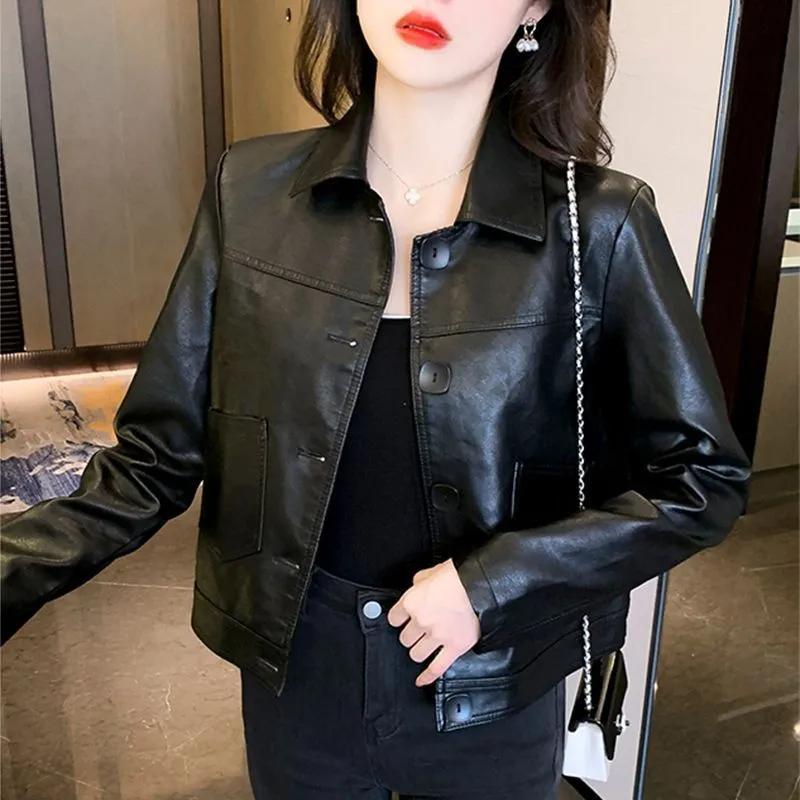 Women's Casual Loose Fit PU Leather Jacket with Button Closure and Pockets