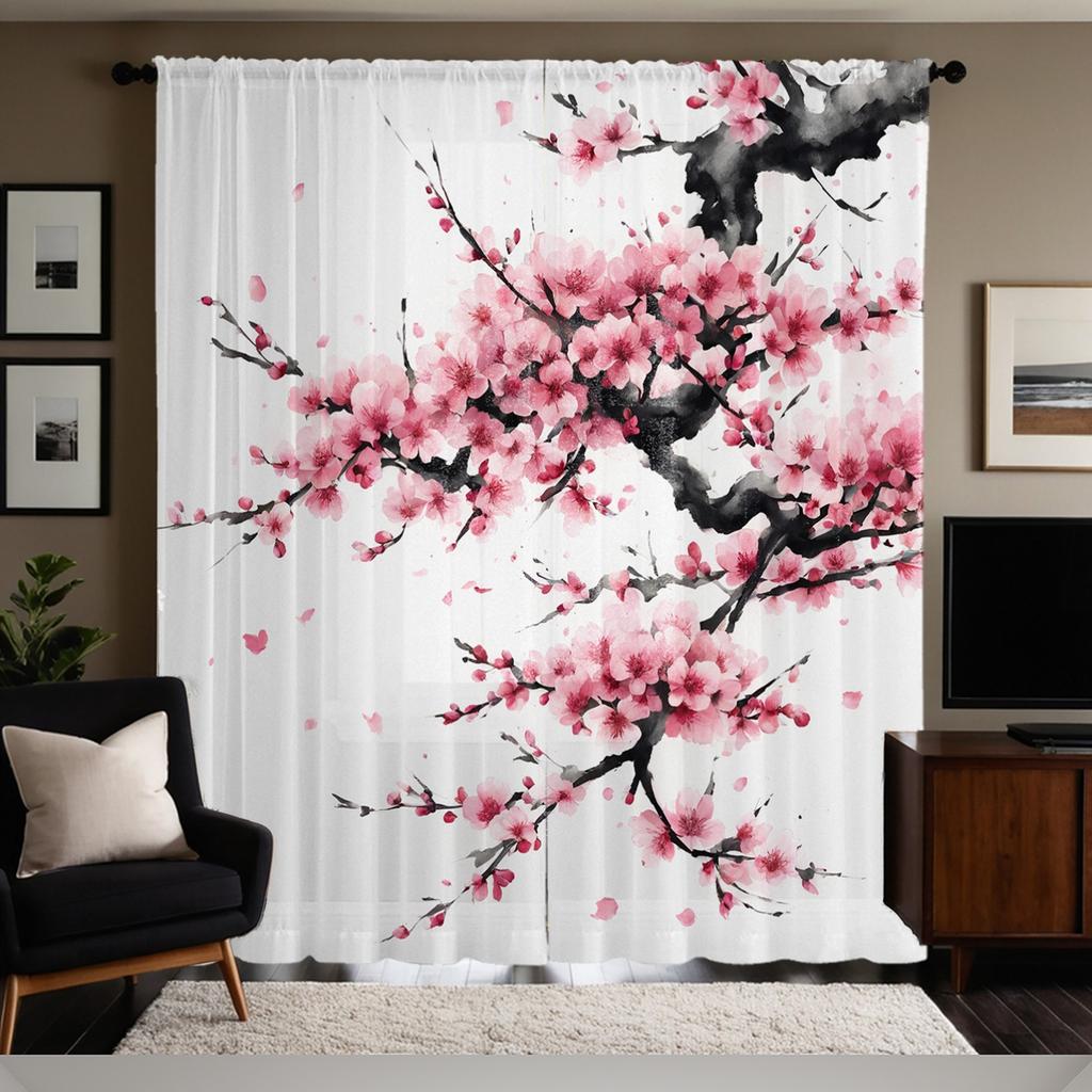 Sakura Curtains Pink Floral Hd Print Polyester Pocket Rod Living Room Bedroom Light Filtering Made Of Machine Washable Great Window Treatment