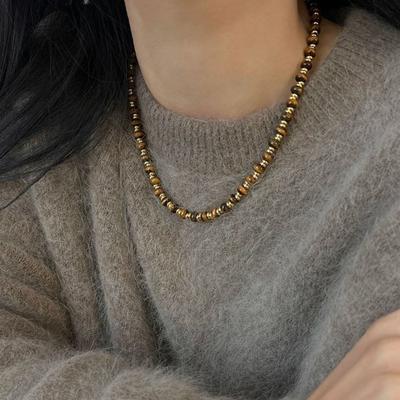 Round Tiger Eye Stone Necklace Artificial Glass Maillard Pearl Beaded Necklaces Stackable Neck Retro Chain Choker for Women