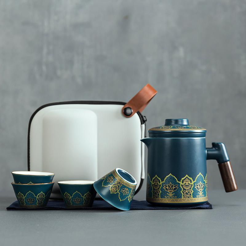 Portable ceramic one pot four cups travel tea set portable tea pot tea cup small set business gift express cup