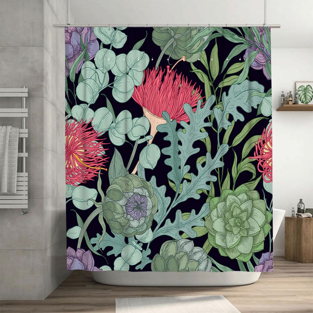 Vintage Style Shower Curtain Floral Print, Waterproof Fabric, Decorative Bathroom Accessories for Home Decoration 180x240cm (Bla