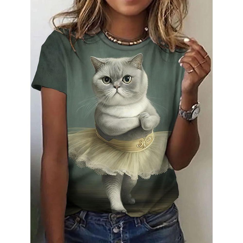 

New Cute Cat Dances Ballet T-Shirts 3D Print Women Short Sleeve Round Neck T Shirt Summer Tees Harajuku Y2K Tops Female Clothing M
