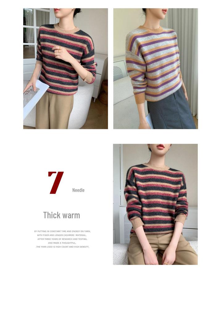 2025 Women's Loose Cashmere Stripe Sweater, Round Neck Knitwear for Autumn/Winter