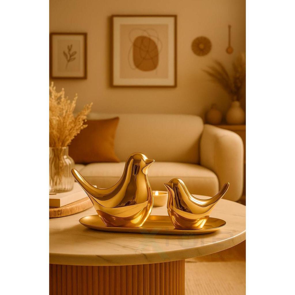 Ceramic Golden Blessing Birds Figurine for Home Decor | Living Room, Bedroom, Office Desk, Cabinets - (Pack of 2, Golden)