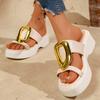 Women's Platform Slide Sandals with Large Gold Buckle Open Toe Thick Sole Casual Beach Shoes