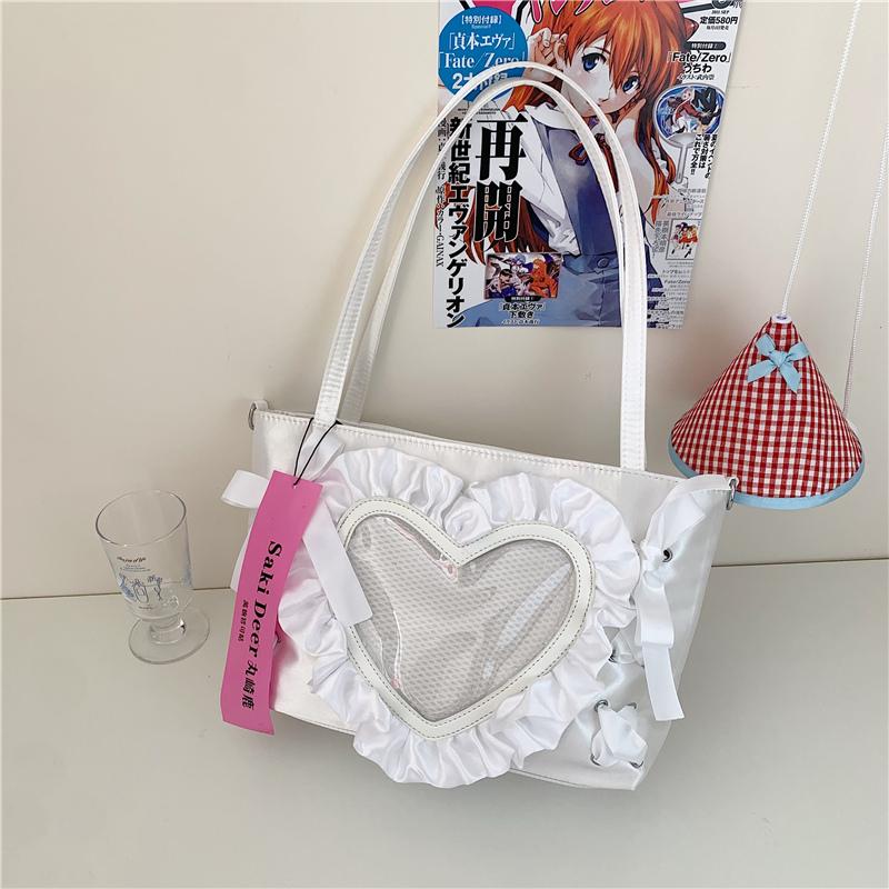 Heart Shape Clear Ita Bag Cute Ruffled Female Tote Bags Japanese Y2K Ribbon Bow Lolita Shoulder Handbag Pin Display Itabag