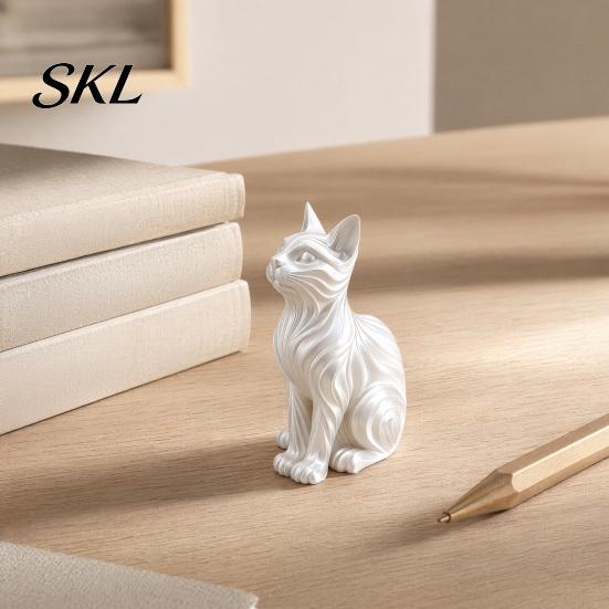 Cat Figurine for Display 3D Printed Statue with Wavy Fur, Modern Sitting Cute Desk Accessory Bookshelf Decor, Minimalist Art Sculpture Home