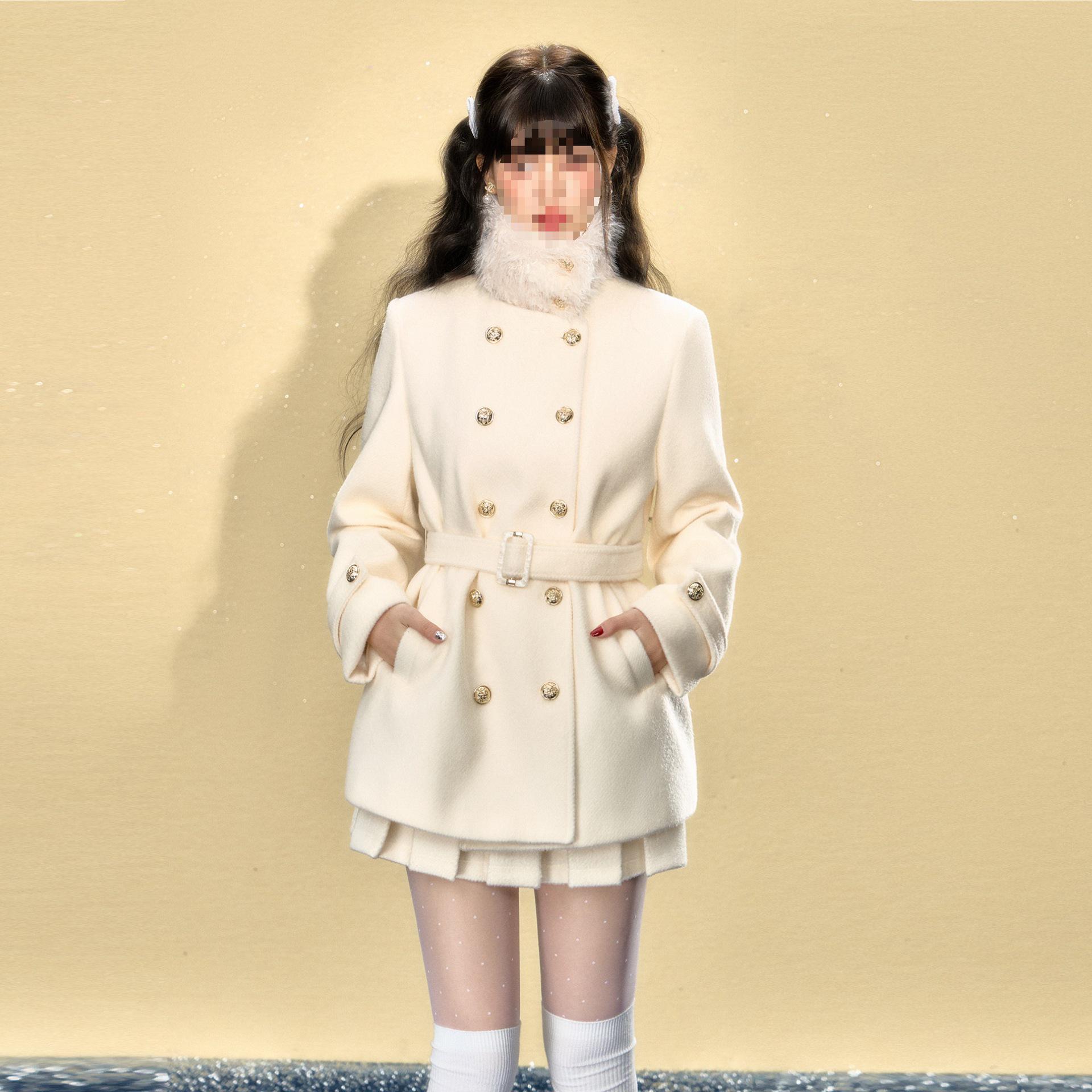 

QDQD Women s Stand Collar Wool Coat - Winter High-End Slimming Belted Waist Style Large бежевий