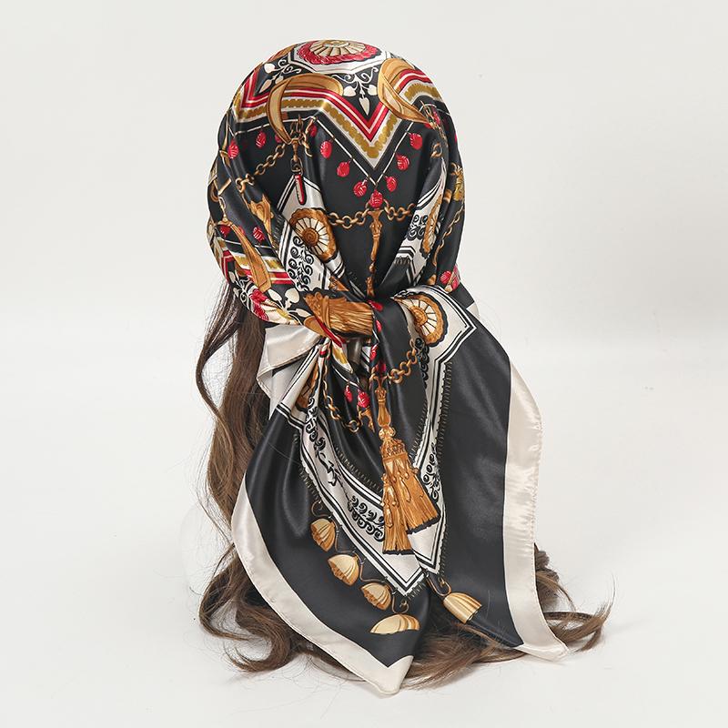Satin Square Scarf Women Muslim Hijab Elegant 2026 Chains Print Neckerchief Shawl Wraps Headband Handle Hair Accessories Bandana