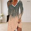Women Plus Size V Neck Long Sleeve Abstract Printed Curved Hem Dress