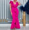 C8634 European and American Cross-border Fashion Women's Clothing Amazon Summer Dress Solid Color V-neck Ruffle Edge Split Harpoon Tail Skirt Long 