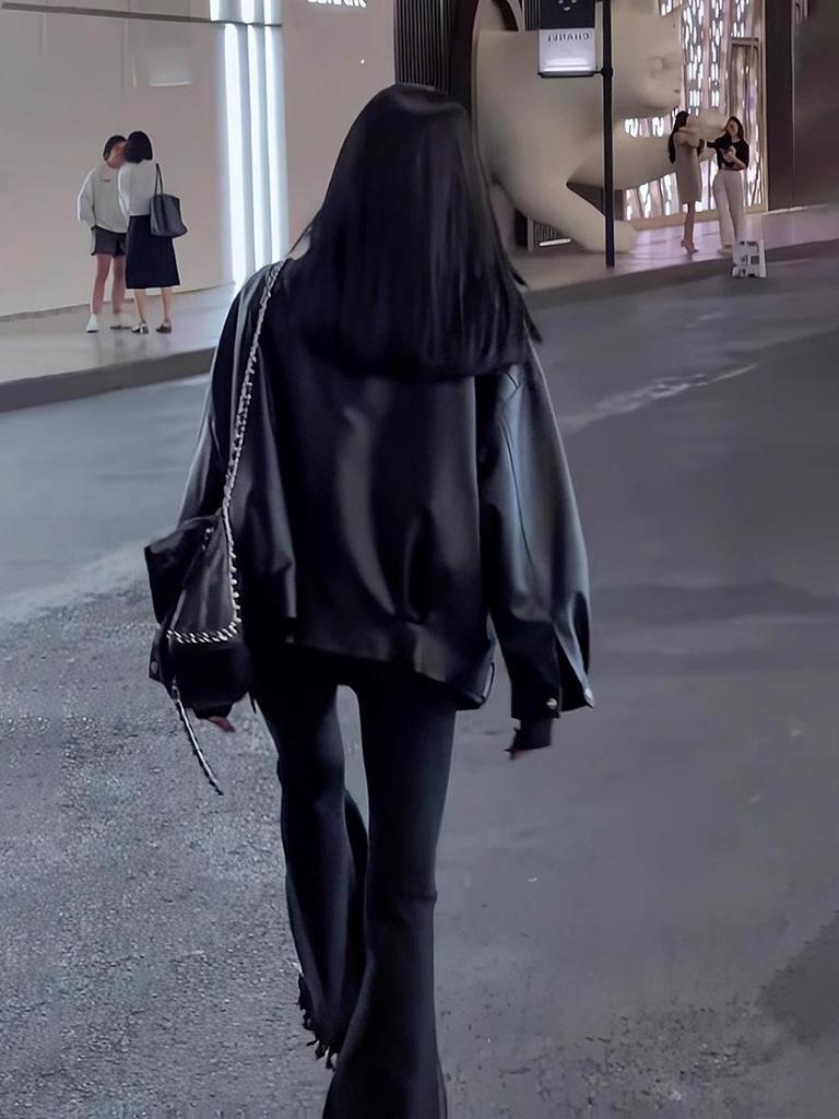 Women's Black Leather Jacket - 2024 Spring/Autumn Motorcycle Style, Petite & Plus Sizes, Korean Casual Fit