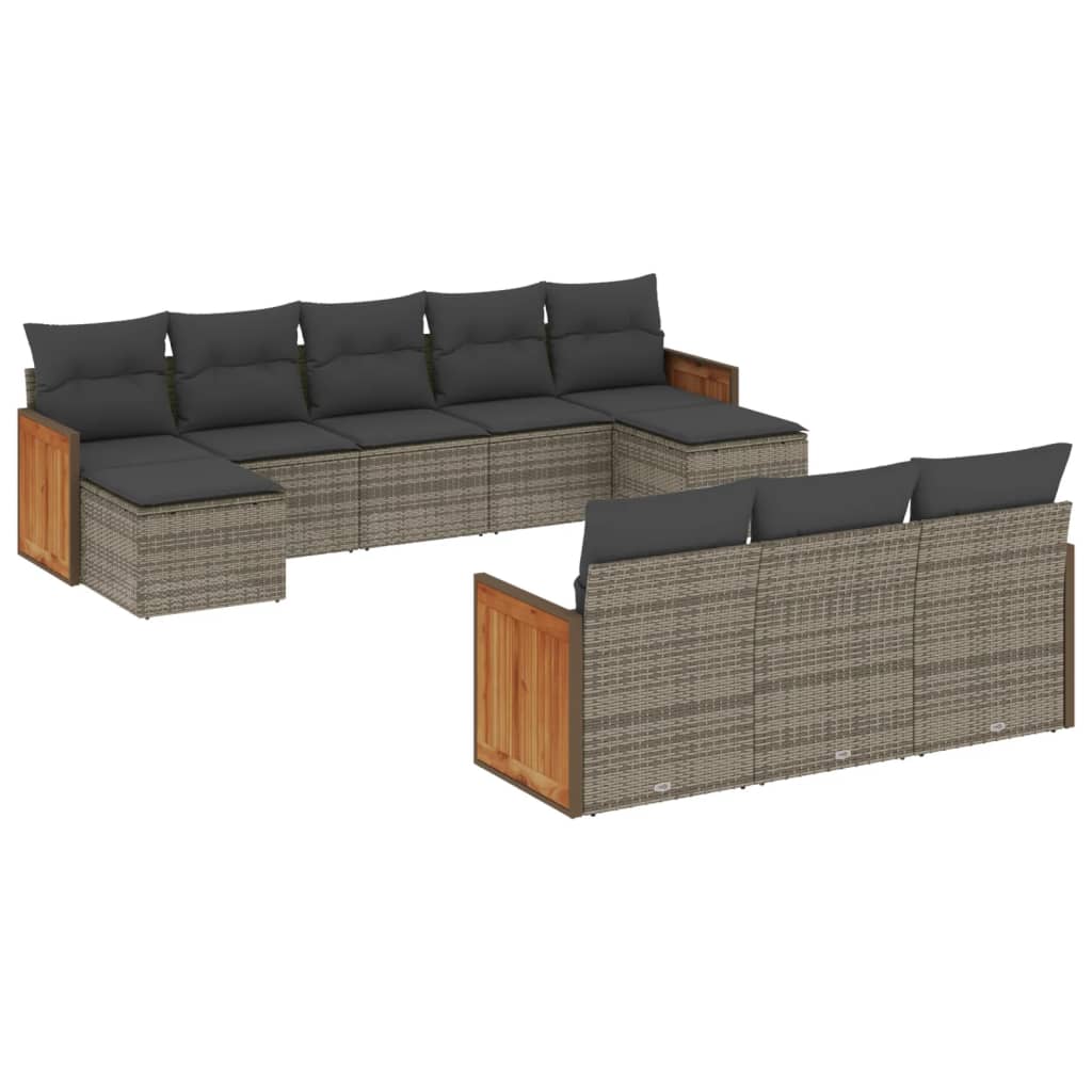 10 piece Grey Garden Sofa Set with Cushions Poly Rattan