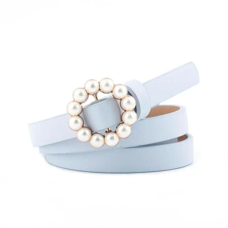 New Korean Fashion Versatile Women's Smooth Buckle Belt with Round Inlaid Decoration Pearl Belt Women's Clothing Accessories