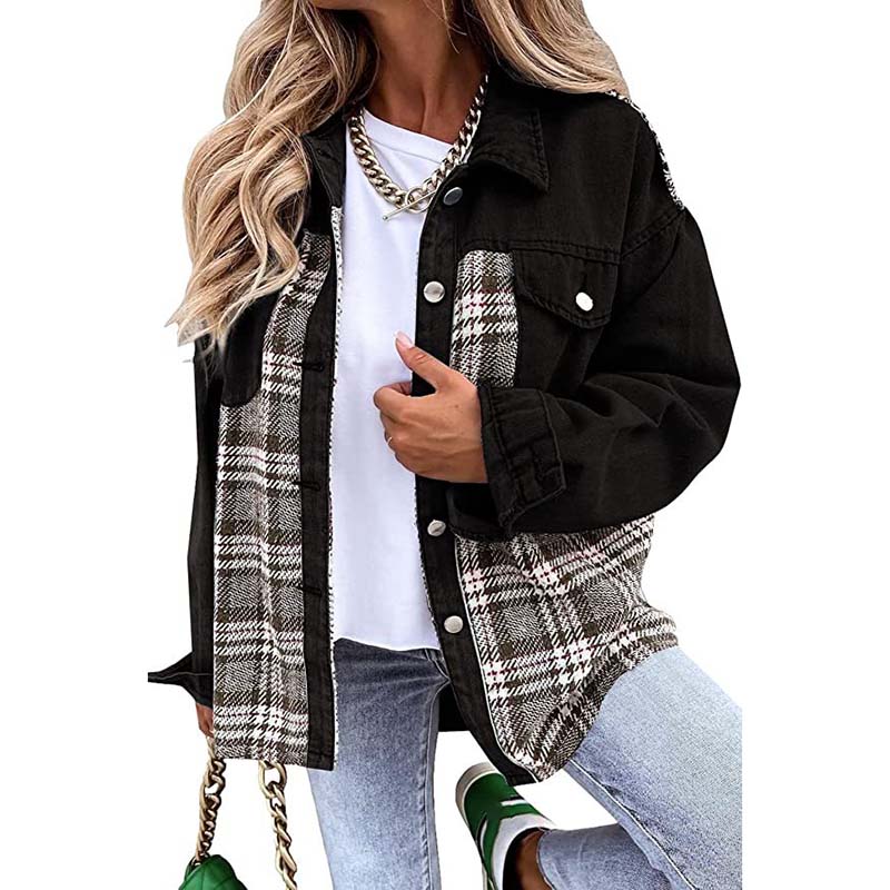 Denim Jacket Checkered Button Up Shirt Jacket Women's Patchwork Jacket Warm Comfortable Commuter Long Sleeved Shirt Autumn Winter
