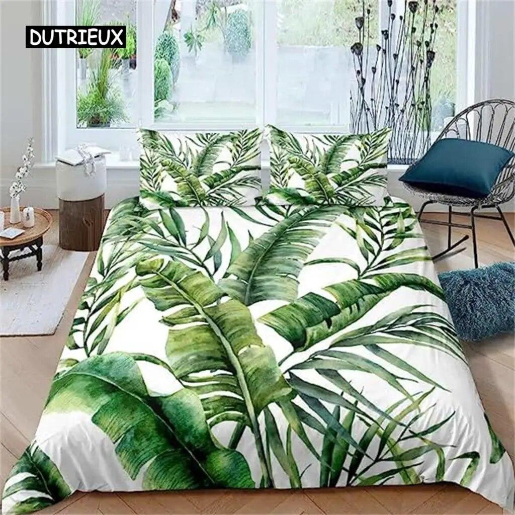 Palm Leaves Duvet Cover Banana Leaves Duvet Cover Hawaiian Tropical Leaves Bedding Set Green Leaves Branches Quilt Cover Women  Three-piece Set