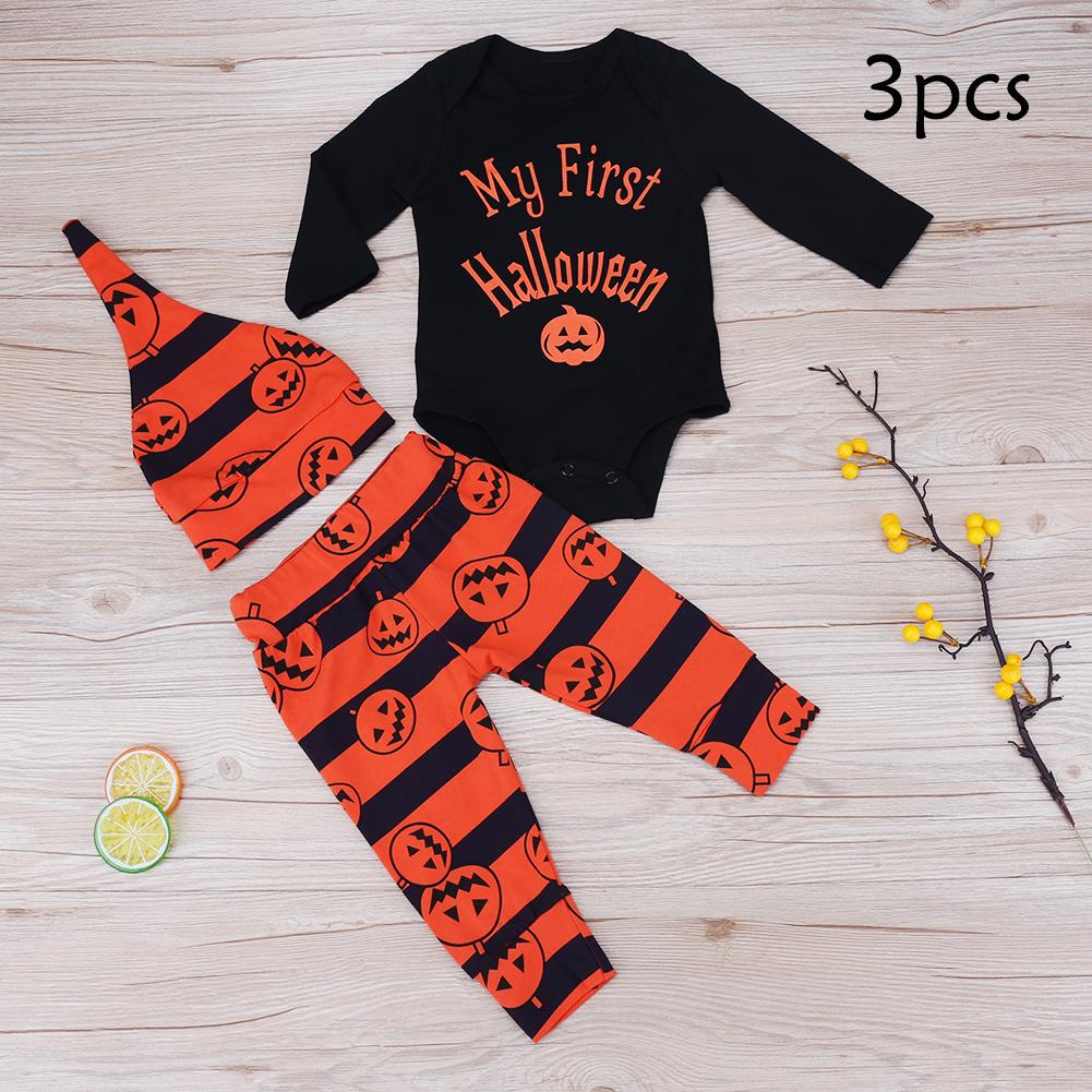Buy 3pcs Baby Halloween Romper+ Pumpkin Lantern Print Stripe Pants