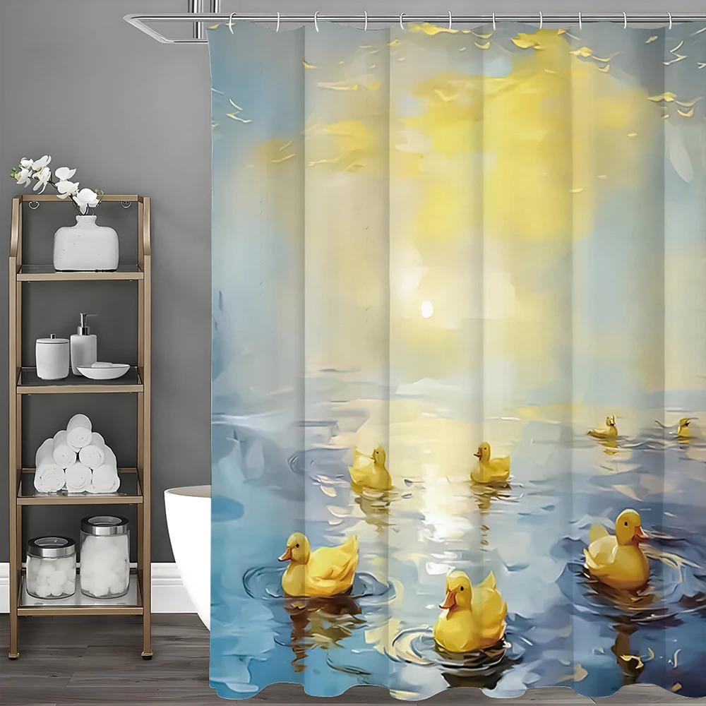 Malá žlutá kachnička Olejomalba Umění Sprchový závěs, Koupelnový dekorativní sprchový závěs, Vodotěsný sprchový závěs s háčky