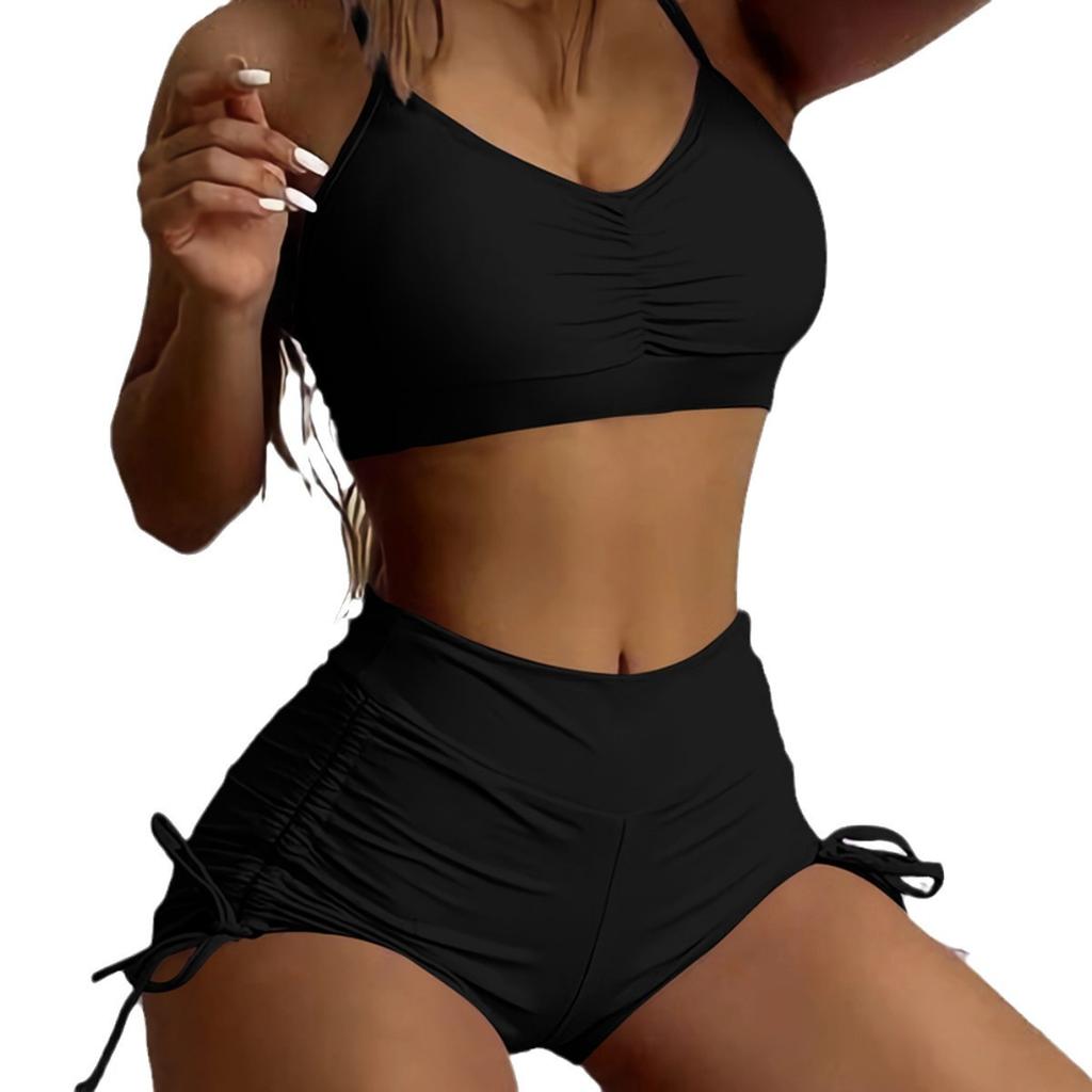 Nouveau maillot de bain bikini couleur unie européen et américain pour femme sexy petite poitrine push-up taille haute angle plat cordon de serrage fendu conservateur